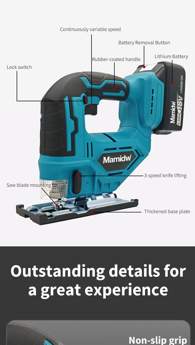 Mamidw Cordless Jigsaw Electric Curve Saw 3000RPM No-Load Speed, 20mm Stroke Length, 45° Tilting Function, Ergonomic Handle, Powered Precision Saw for Wood, Metal, Plastic Cutting, DIY & Professional Use (Tool Only) Compatib