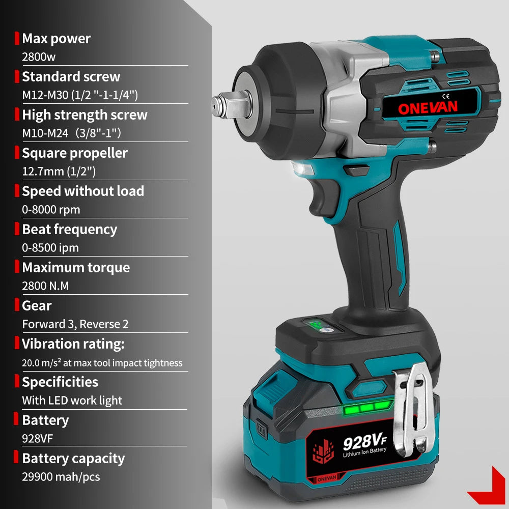 ONEVAN 2800N.M Brushless Cordless Electric Impact Wrench High Torque Screwdriver Drill Power Tool For Makita 18V Battery Pin