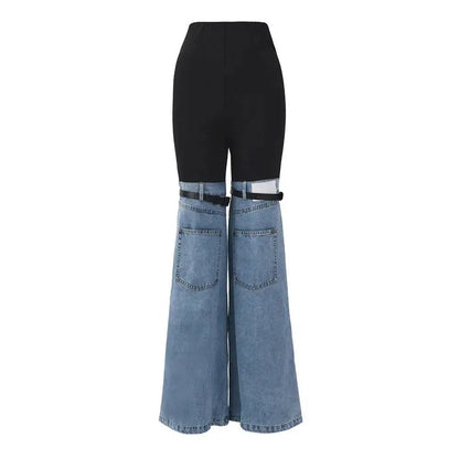 LGRQ Denim Patchwork Pants For Women Fashion New High Waist Contrast Color Belt Straight Pant Female 2026 Summer New 17A2013H
