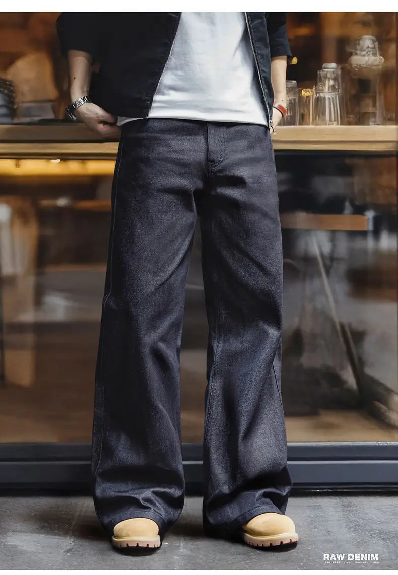 Maden Vintage Men's 15.6oz Selvedge Raw Denim Jeans Wide Leg Trousers with YKK Zipper Fly Straight Fit Jeans for Fall and Winter