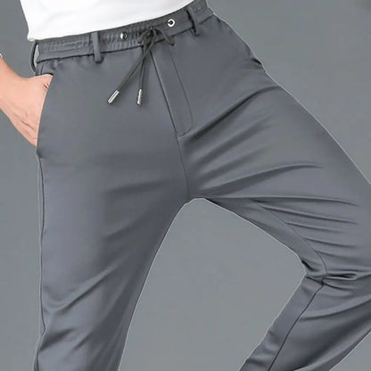 Men Casual Pants Loose Straight Drawstring Elastic Waist Business Pants Solid Color Breathable 2 Side Pockets Sports Trousers