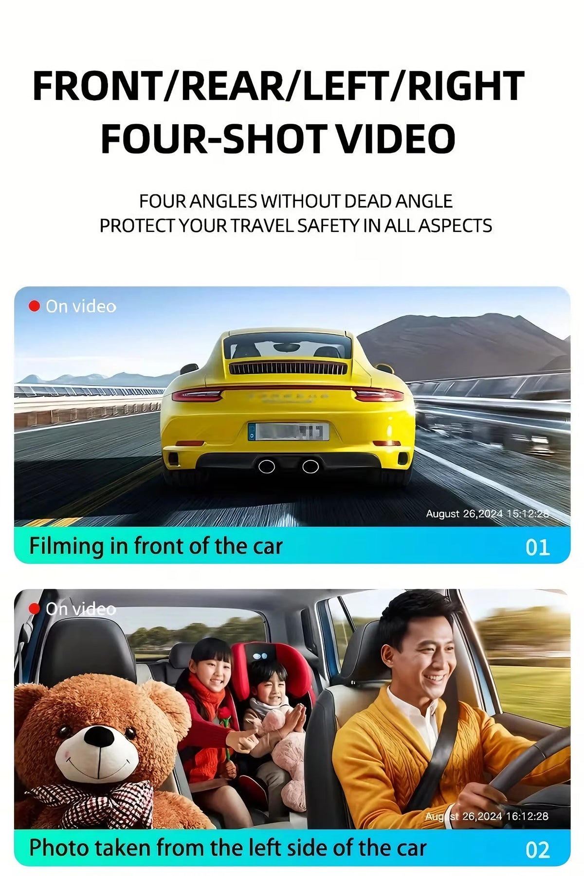 Dash Cam Vehicle DVR Video Recorder 4 Cameras for Cars Black Box Front Rear Internal Night Vision Loop Recording Dashcam Car 360