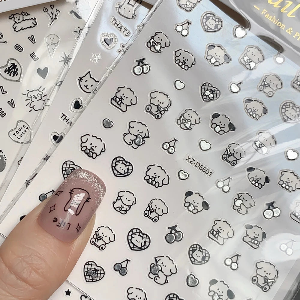 12pcs/set Cute Cartoon Dog/Cat Nail Art Stickers 3D Graffiti Black Cat Dog  Nail Decals 8*10cm Self-Adhesive Cartoon Nail Art Su