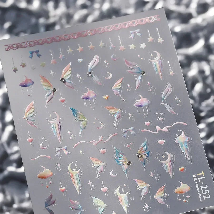 Shiny Jelly Butterfly Charming Golden Gradient Bowknot 5D Self Adhesive Nail Art Sticker Flower Petal Rhinestone Manicure Decals