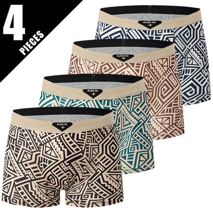 4-piece Set Of Men's Seasonal Fashionable Printed Underwear Comfortable Elastic Waist Flat Angle Pants Plus Size Casual Shorts