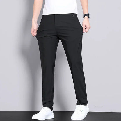 Ultra-thin Elastic Men's Casual Trousers Summer Quick-drying Ice Silk Slim Straight Business Solid Color Y2K Trousers Black Gray