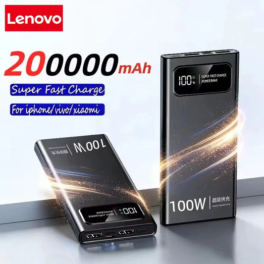 Lenovo 200000mAh Power Bank High Capacity 100W Super Fast Charging Portable External Battery With LED Digital Display For iphone