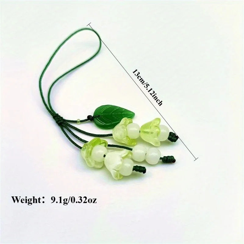 Elegant Floral Glass Keychain With Green Leaf Accents – Charming Nylon Rope Pendant For Women, Perfect For Keys Or Gifts, Floral