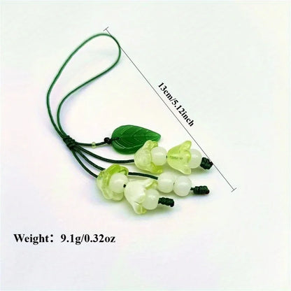 Elegant Floral Glass Keychain With Green Leaf Accents – Charming Nylon Rope Pendant For Women, Perfect For Keys Or Gifts, Floral