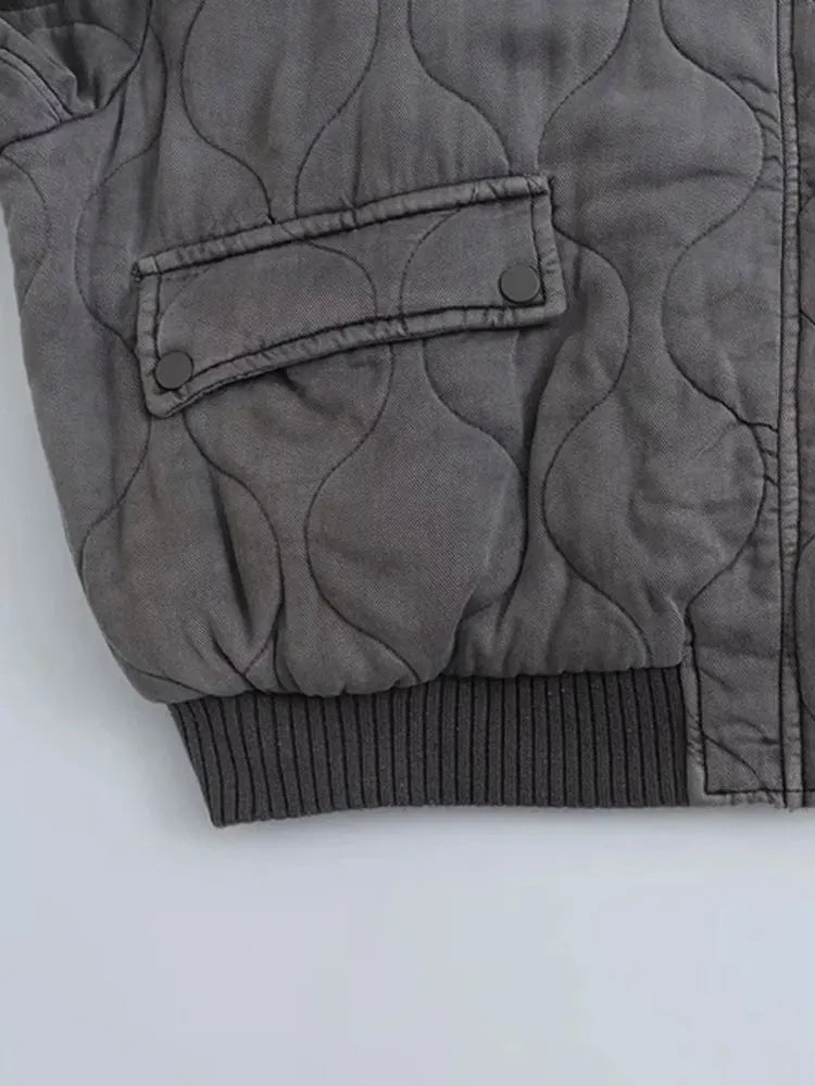 Women Fashion Oversized Thick Warm Quilted Bomber Jackets Coat Vintage Long Sleeves Snap-button Female Outerwear Chic Tops