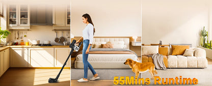 Cordless Vacuum Cleaner, 55Kpa/55Mins Vacuum Cleaners for Home, Anti-tangle Stick Vacuum with Self-Standing, Wall Mount Charging