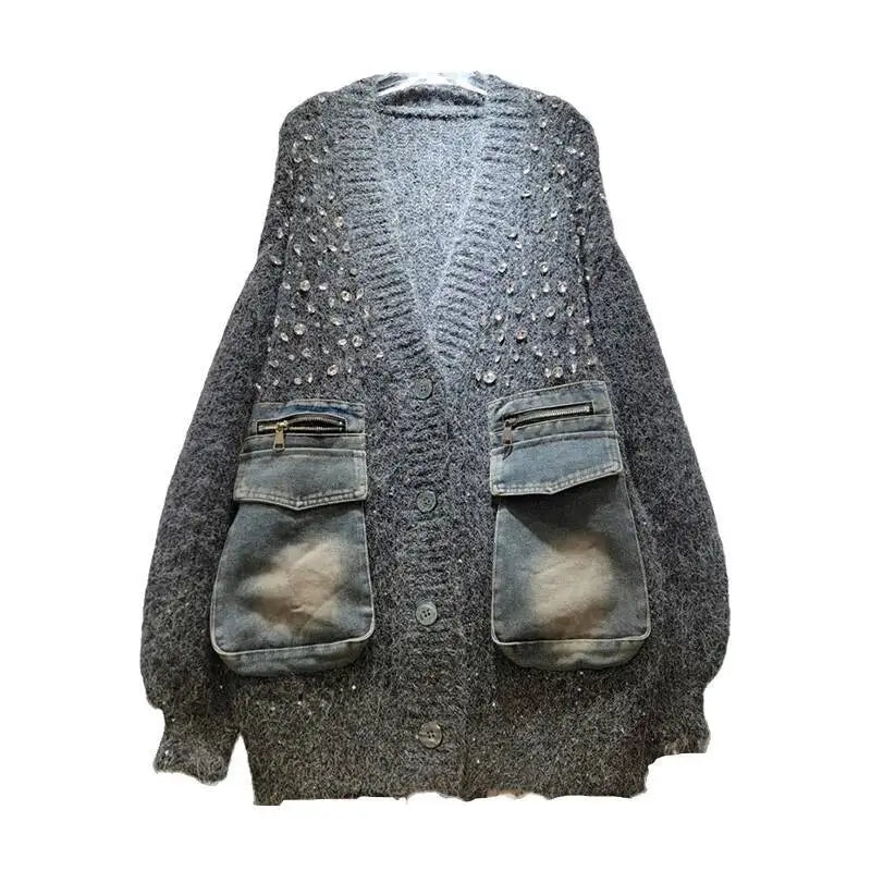 DEAT Women's Cardigan V-neck Patchwork Denim Pockets Diamonds Loose Long Sleeve Knitted Sweaters 2026 New Autumn Fashion 29A3243
