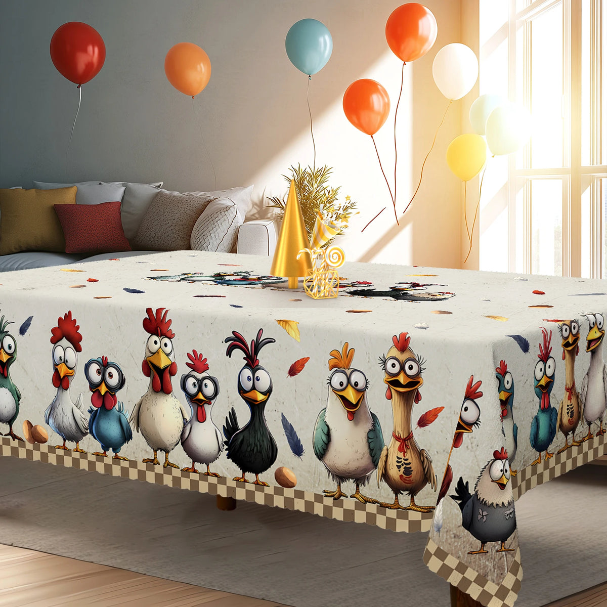 Cute Crazy Chicken Polyester Tablecloth, Featuring Various Adorable Chicken Patterns in Different Colors, Colorful Feathers, Egg Prints, Embossed Edges, Waterproof, Wrinkle-Resistant, Fade-Resistant, Suitable for Rectangular