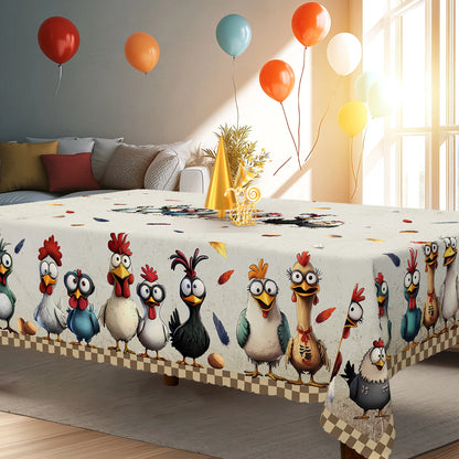 Cute Crazy Chicken Polyester Tablecloth, Featuring Various Adorable Chicken Patterns in Different Colors, Colorful Feathers, Egg Prints, Embossed Edges, Waterproof, Wrinkle-Resistant, Fade-Resistant, Suitable for Rectangular