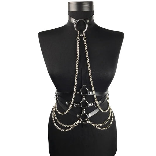 Bondage Flirt Toys Leather Clothes Shiny Leather New Metal Chain Stage Performance Clothes Erotic Supplies BDSM