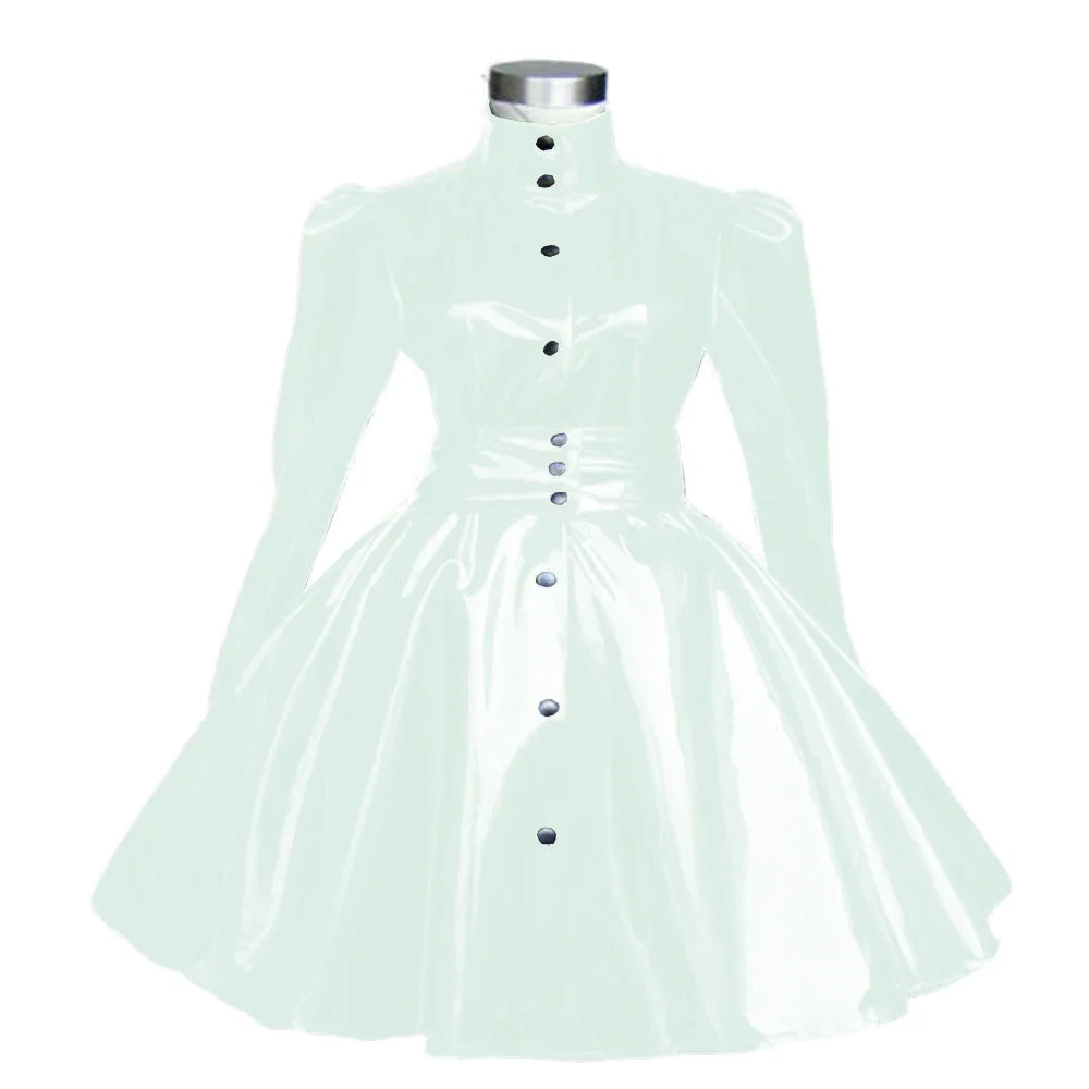 Plus Size Sweet Girl Mini Dress PVC Leather High Neck Button Pleated  A-line Dress Preppy Style Back Zipper Long Sleeve Dress