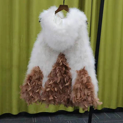 New Turkey feather waistcoat with hat and big swing, medium and long fur coat can be customized