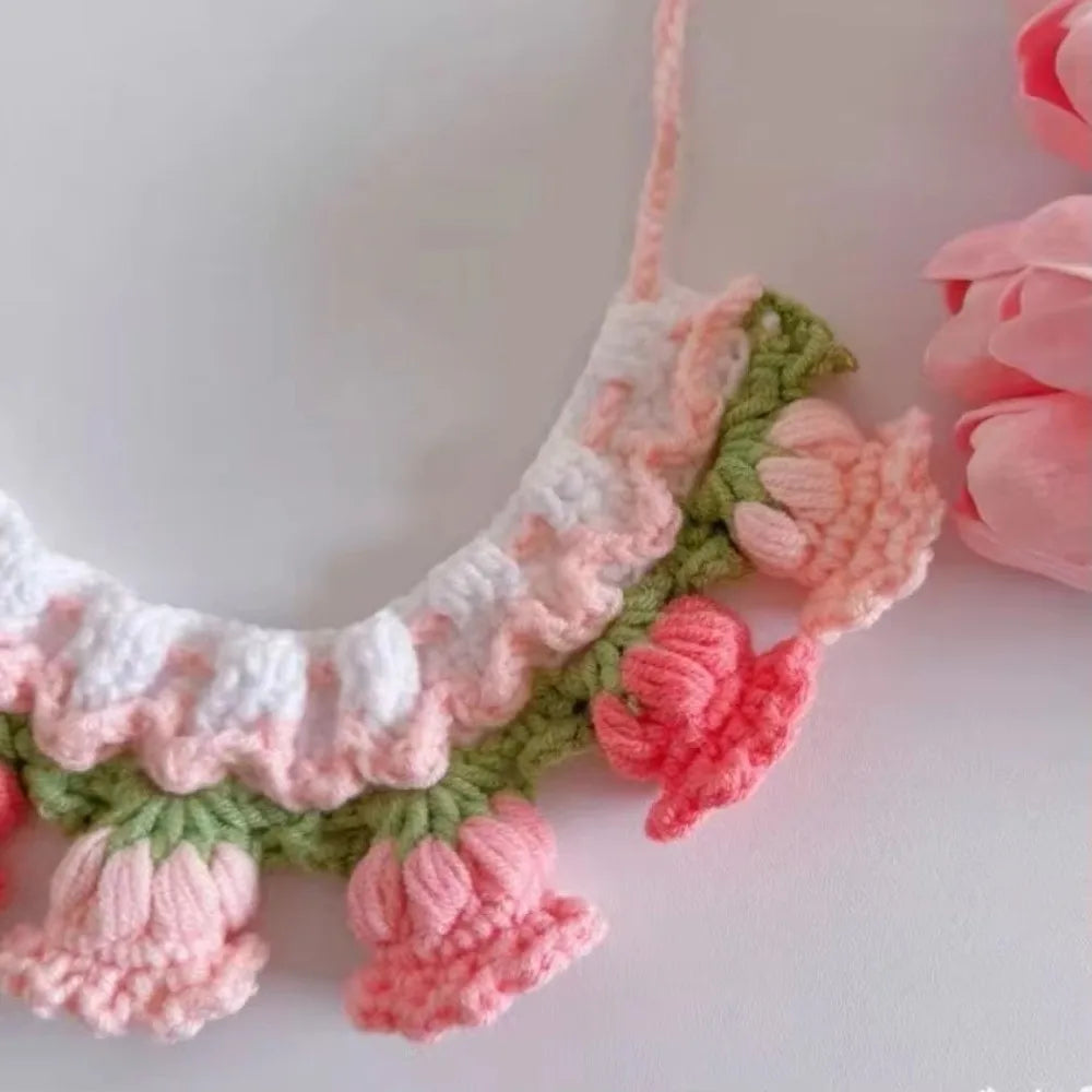 Neck Accessories Orchid Bell Flower Knitted Pet Collar Patchwork Sweet Pet Drool Scarf Lace-up Pet Drool Bib Cats