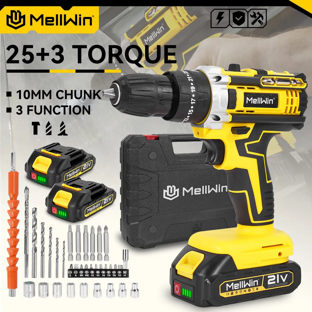 MELLWIN 25+3 Torque Electric Impact Drill 2 Speed Adjustable Cordless Electric Screwdriver Power Tool For Makita 18V Battery Pin