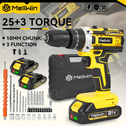 MELLWIN 25+3 Torque Electric Impact Drill 2 Speed Adjustable Cordless Electric Screwdriver Power Tool For Makita 18V Battery Pin