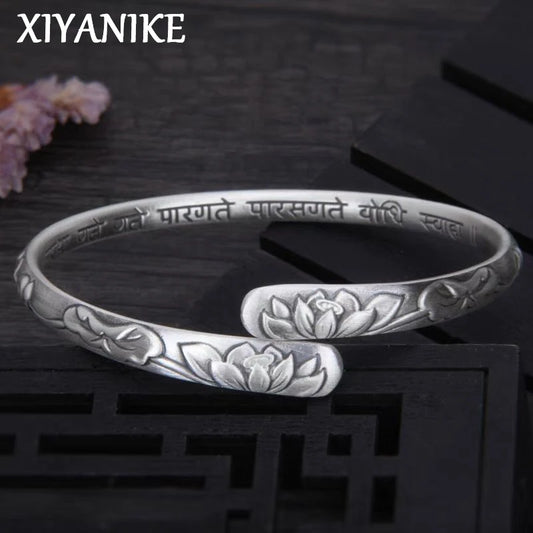 XIYANIKE Vintage Thai Silver Lotus Flower Cuff Bracelet For Women Girl Ethnic Fashion New Jewelry Party Lady Gift Pulseras Mujer