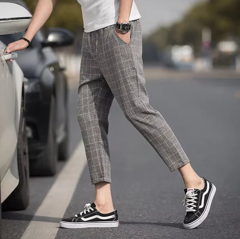 Checkered Fashion Europe and the United States Style Men's Pants Business Casual Travel Slim Pants Comfortable and Versatile