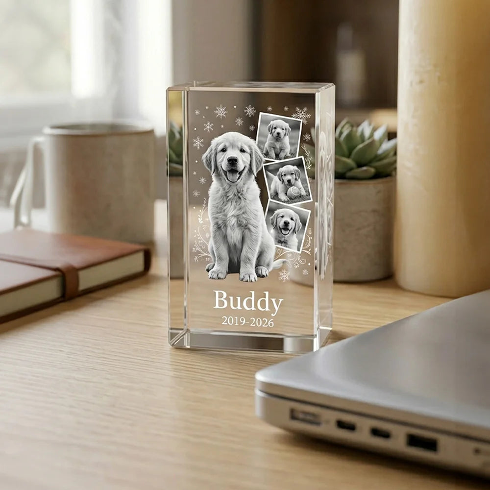 Personalized Custom Pet Memorial Crystal Block,Photo Collage,2D Laser Etched,Pet Loss Gift,Non-Fading Engraving,Tabletop Display