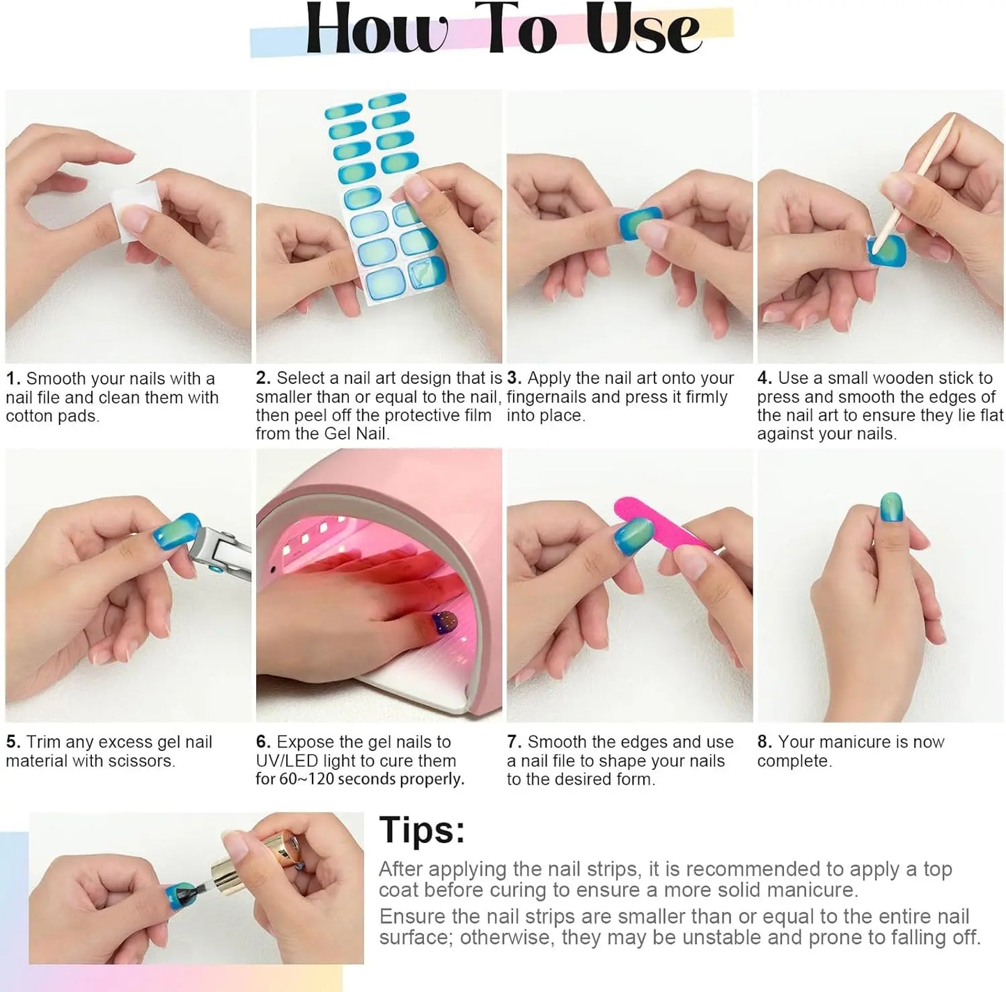20/22Tips UV Semi cured Gel Nail Stickers Waterproof Long Lasting Full Gel Nail Wraps Press On Nail Decal DIY Manicure