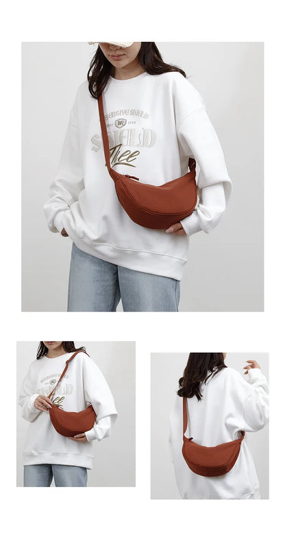 Nylon fabric zipper crossbody bag for men and women, crescent-shaped dumpling bag under the armpits, large capacity