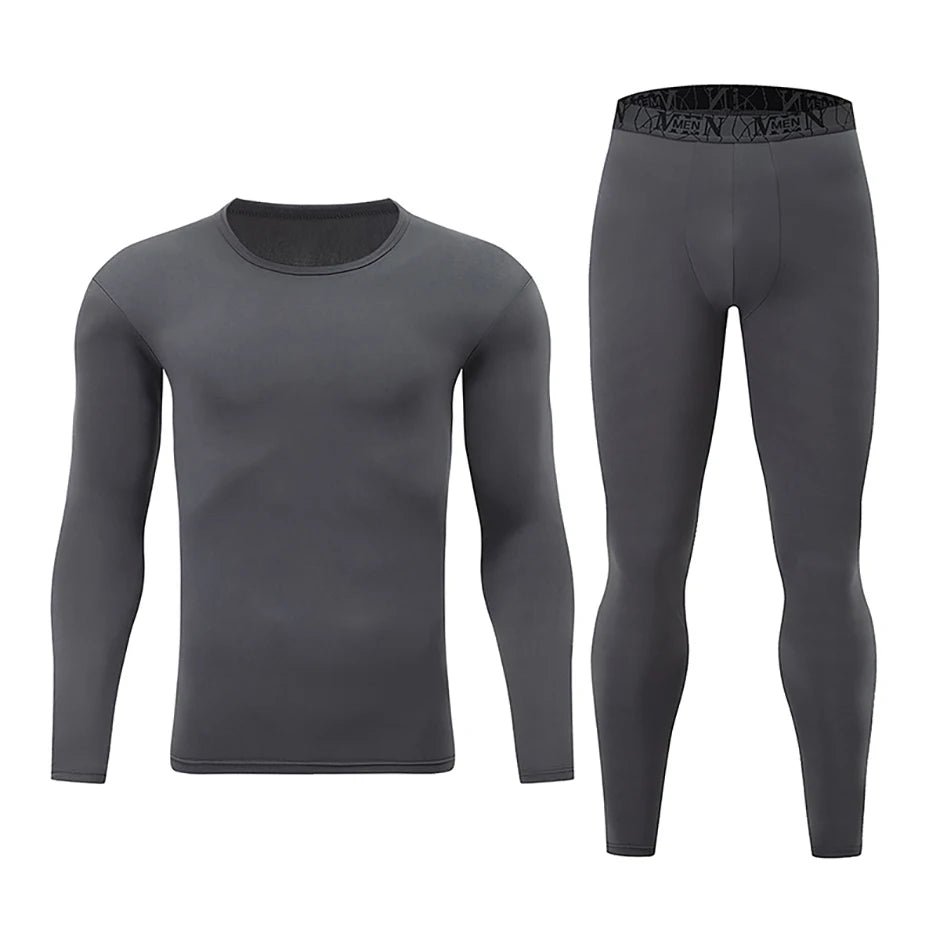 2-piece Men's Autumn And Winter Solid Color Round Neck Fashionable Printed Sports Thermal Underwear Set Simple And Comfortable