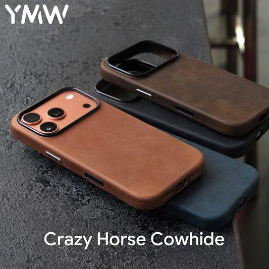 YMW Scratc Crazy Horse Genuine Leather Case for iPhone 17 16 15 Pro Max Magnetic PULL-UP Cowhide Phone Cover