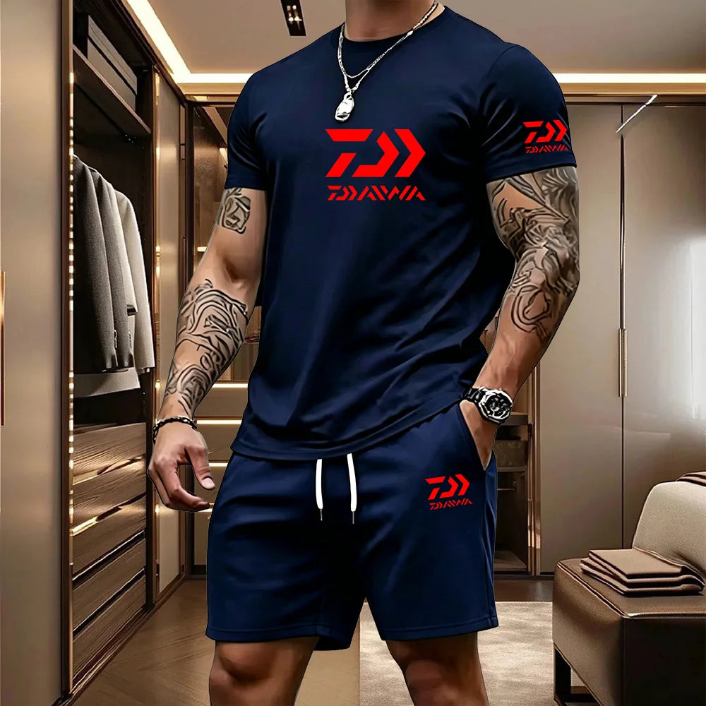 2026 Summer Men's Short Sleeved T-shirt Drawstring Shorts Set Breathable Outdoor Sports Set Men's Daily Fishing Suit