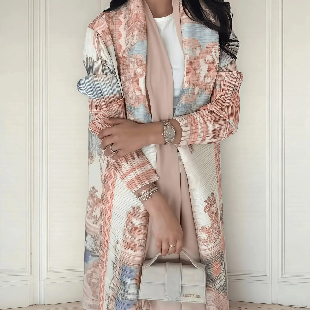 Autumn Women's Long Coat, Retro Printed Long Sleeved Muslim Abaya Saudi Fashion Wrinkled Waist Belt