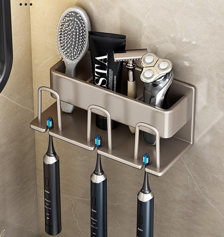Wall Mounted Toothbrush Holder Aluminium Alloy Toothpaste Rack Bathroom Household Space Saving No Punching Bathroom Accessories