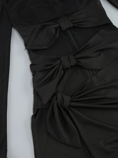 Sexy Hollow Out High Side Split See Through Mesh Long Sleeve Maxi Dress Luxury Brithday Prom Gown Party Club Fashion Dresses