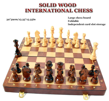 15" x 15" High-end Folding Chess Set Top Grade Classic Handwork Solid Wood Pieces Walnut Chessboard Children Gift Board Game