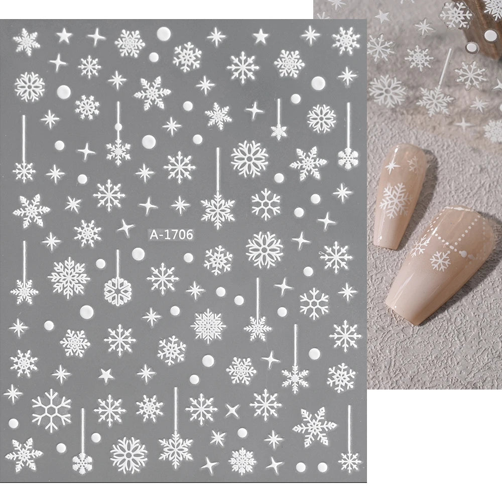 1sheet 3D White Snowflakes Nail Stickers for Christmas Winter Snow Flower Self-adhesive Nail Art Decals DIY Manicure Decorations