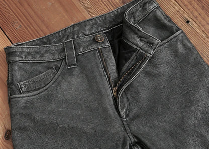 Men's Vintage Gray Black Motorcycle Style Trousers Genuine Thick Cowhide Biker's Pants Real Natural Leather Skinny Pants 4XL
