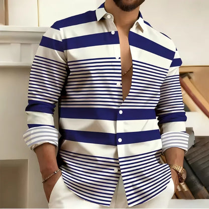 Striped Printed Men's Long Sleeved Shirt, Casual and Comfortable, Fashionable and Trendy, Street Outdoor, Soft Fabric