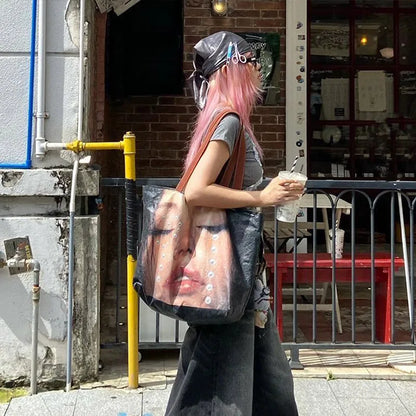 Brand Portrait Print Tote Bag Large Capacity Top-handle Shopper Bag Fashion Pvc Kraft Paper Shoulderbag Waterproof Pouch Storage