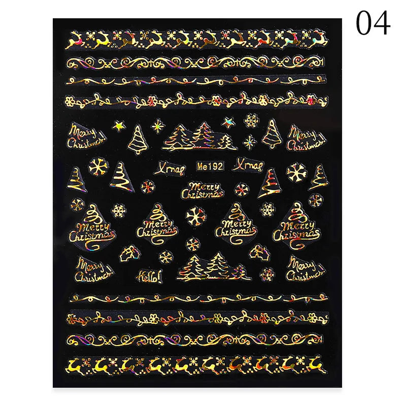 1PCS New Christmas Decorations 2023 New Year Nail Stickers Press on Nails Laser Snowflake Christmas Tree 3D Nail Decal