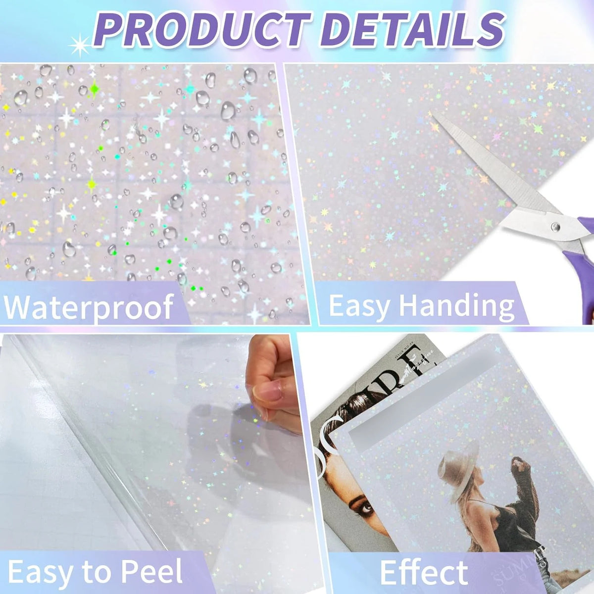 20 Sheets 6 Style A4 Holographic Cold Laminating Film Clear Waterproof Self-Adhesive Vinyl Sticker Paper 8.3x11.7 Inch