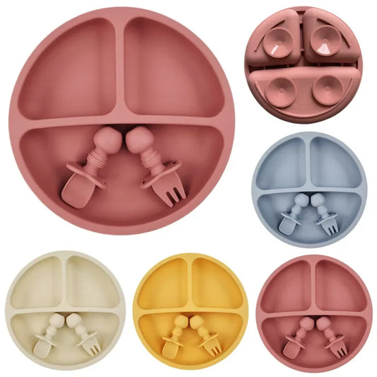 BPA Free Silicone Baby Plate with Spoon Fork Bibs Children Dishes Safe Baby Dining Plate with Suction Smile Face Plates for Kids