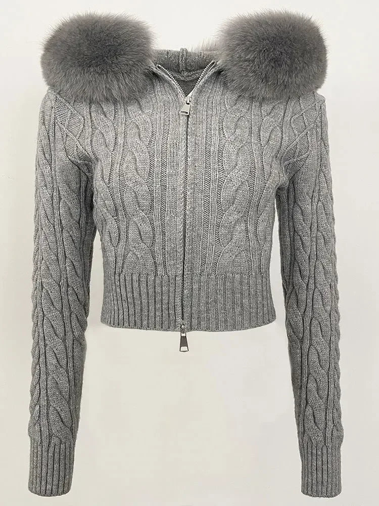 Fashion Natural Fox Fur Collar with Knitted Sweater Women Casual Sweater 2025 New Spring Autumn Slim Fit Elastic Oversized Coat