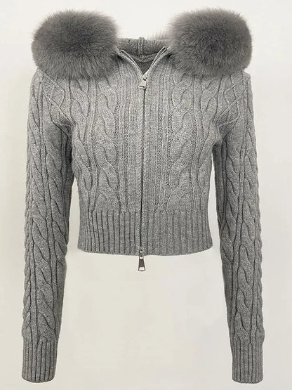 Fashion Natural Fox Fur Collar with Knitted Sweater Women Casual Sweater 2025 New Spring Autumn Slim Fit Elastic Oversized Coat