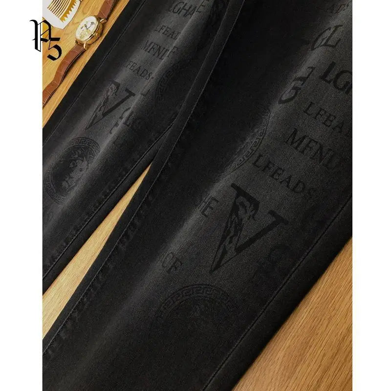 Spring and Autumn Korean Slim Jeans for Men 2025 High-end Luxury Clothing Black Printing Mid-waist Stretch Casual Pencil Pants