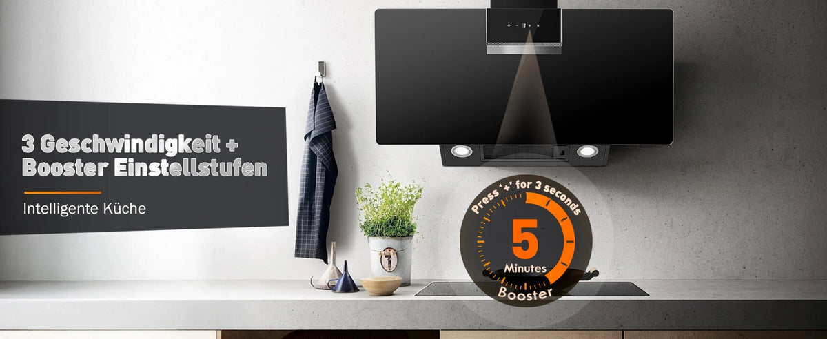 90cm Wall Mounted Cooker Hood 800m³/h A+++ LED Touch Control, Black Glass - Recirculation/Exhaust Option