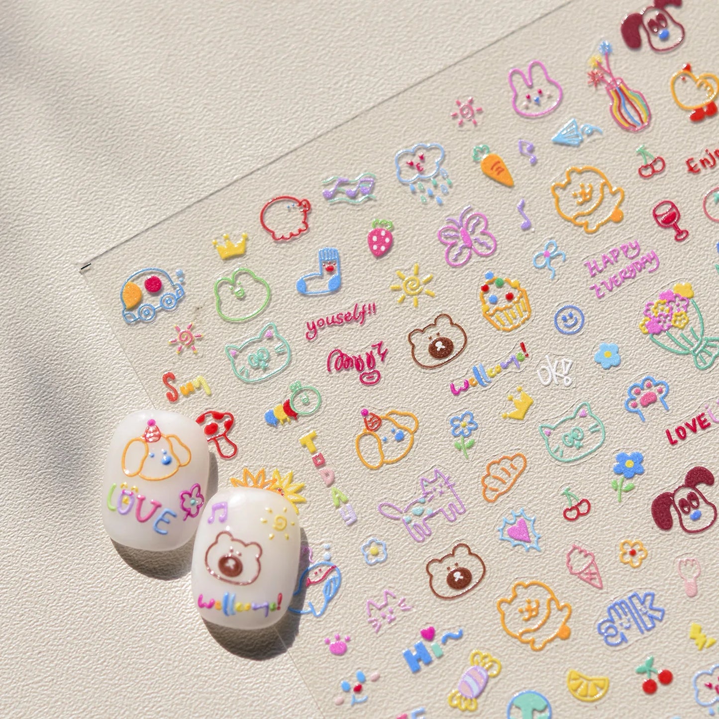 Lovely Animal Graffiti Cat Claw Rabbit Bunny Bear Dog Flower Fruit Dim Sum Candy Sunflower Adhesive 5D Nail Art Stickers Decal