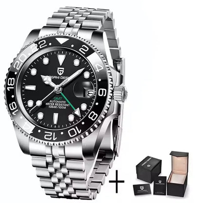 PAGANI DESIGN 40MM Black Gray Dual Tone Automatic Mechanical GMT WATCH Sapphire Glass Stainle Steel Sports luminous Watches men