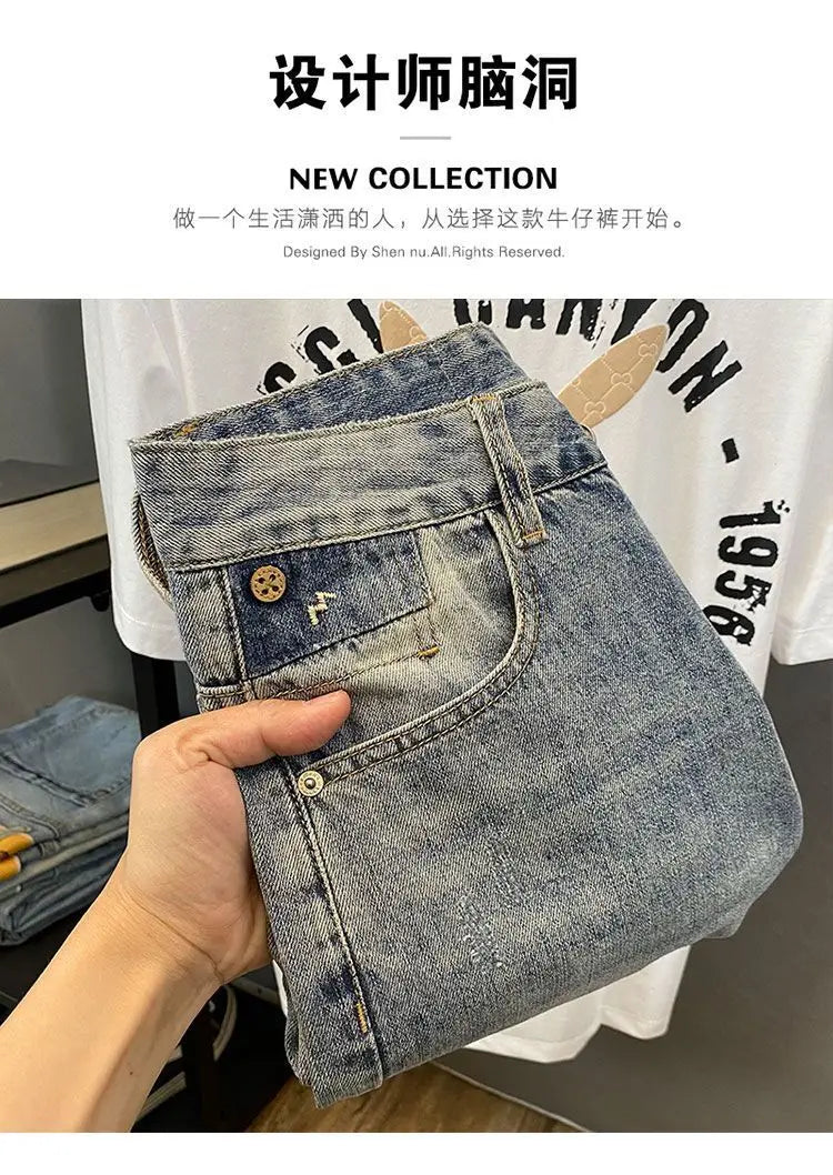 Summer Trendy Brand Handsome Denim Shorts Men's Washed Embroidered Patch Trendy Short Pants Ripped Slim-fit Elastic Middle Pants